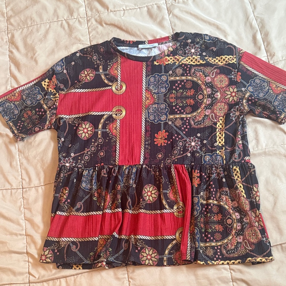 Zara Red and Black Patterned Top